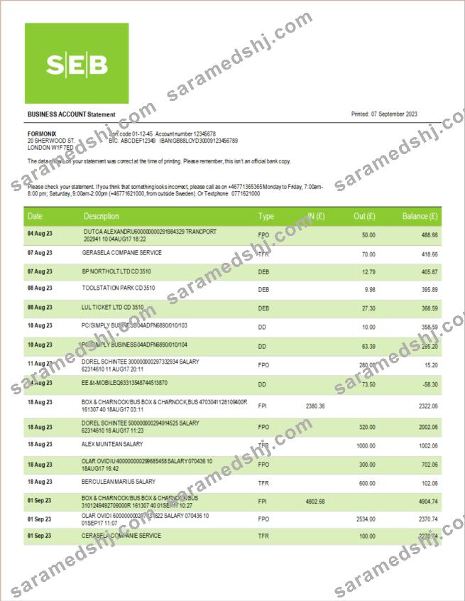 SEB Bank company statement Word and PDF template